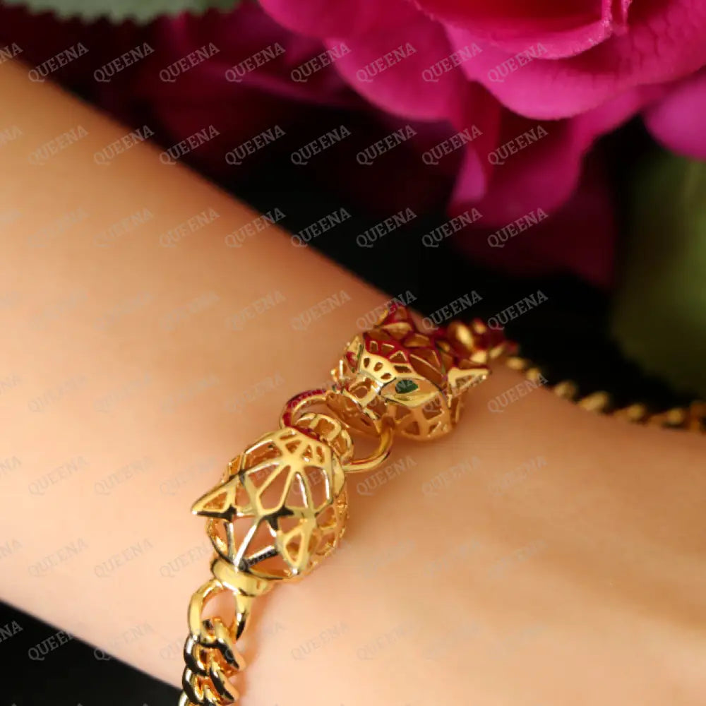 18K Gold Plated Two PANTHER Heads Golden Chain Bracelet Bracelet