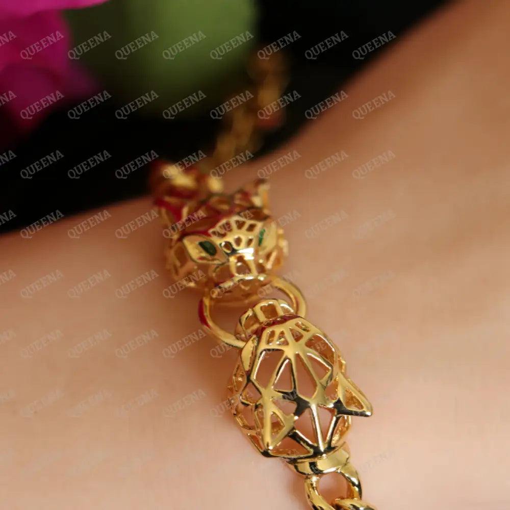 18K Gold Plated Two PANTHER Heads Golden Chain Bracelet Bracelet