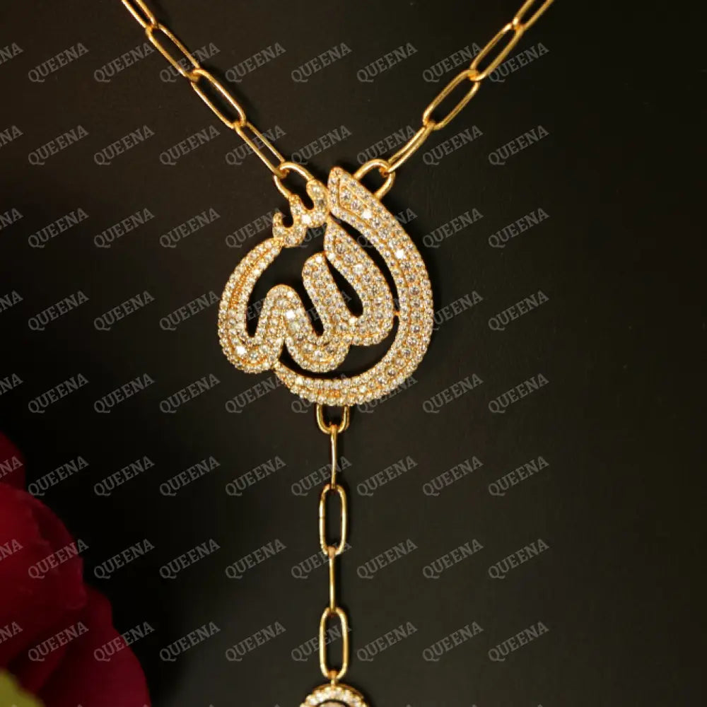 ’ALLAH’ Name Linkchain Necklace studded with White Crystals and Zircon Necklaces