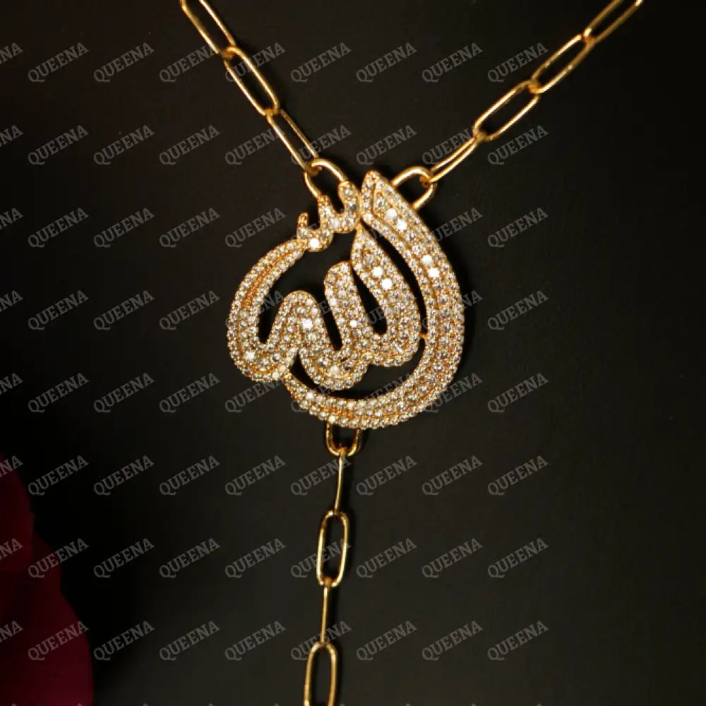 ’ALLAH’ Name Linkchain Necklace studded with White Crystals and Zircon Necklaces