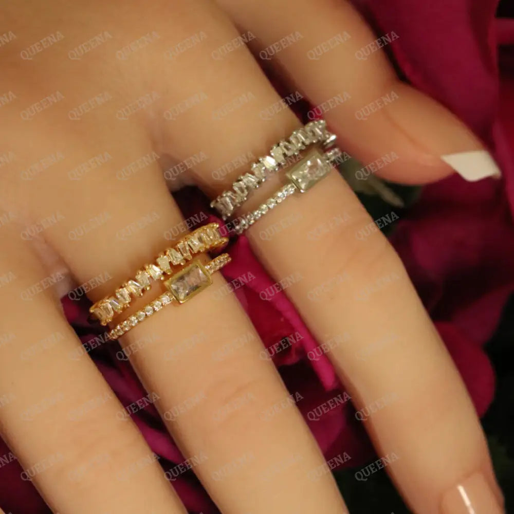 Aurora Solitaire Double Layer Ring Studded with Full Crystals and Zircon - Adjustable (Free Size) Rings