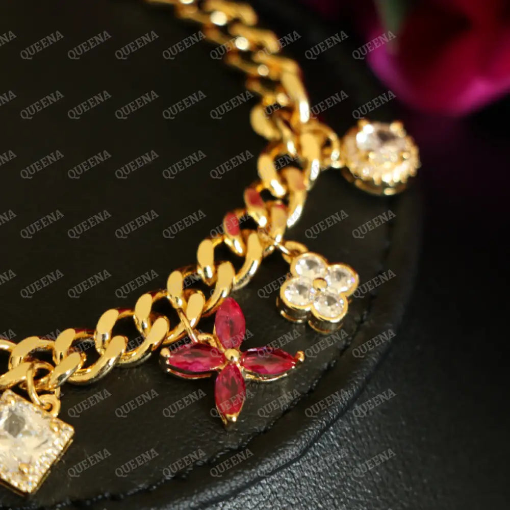 Beautiful Sparkling Pink Crystals Flowers Charms Chain Bracelet Bracelet