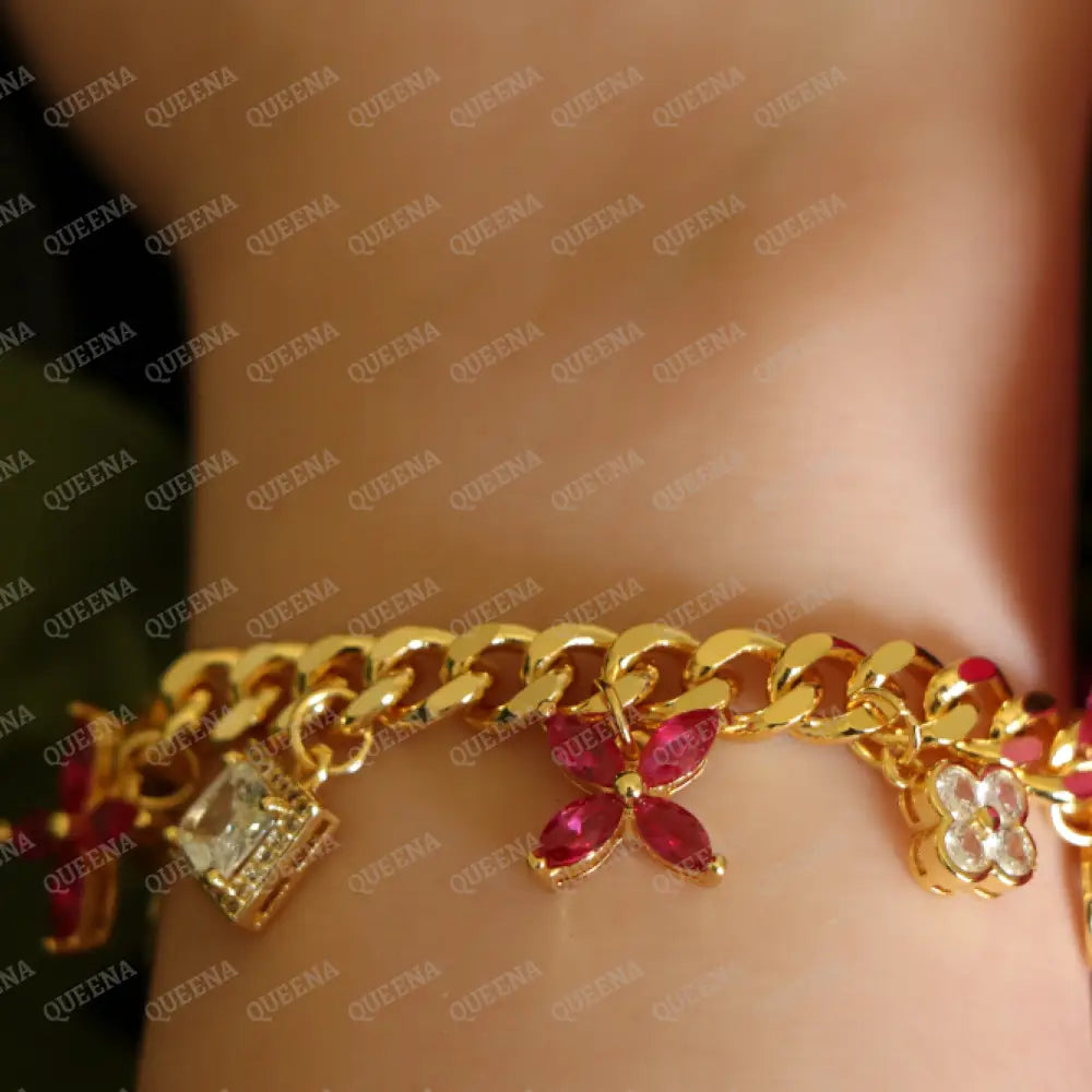 Beautiful Sparkling Pink Crystals Flowers Charms Chain Bracelet Bracelet