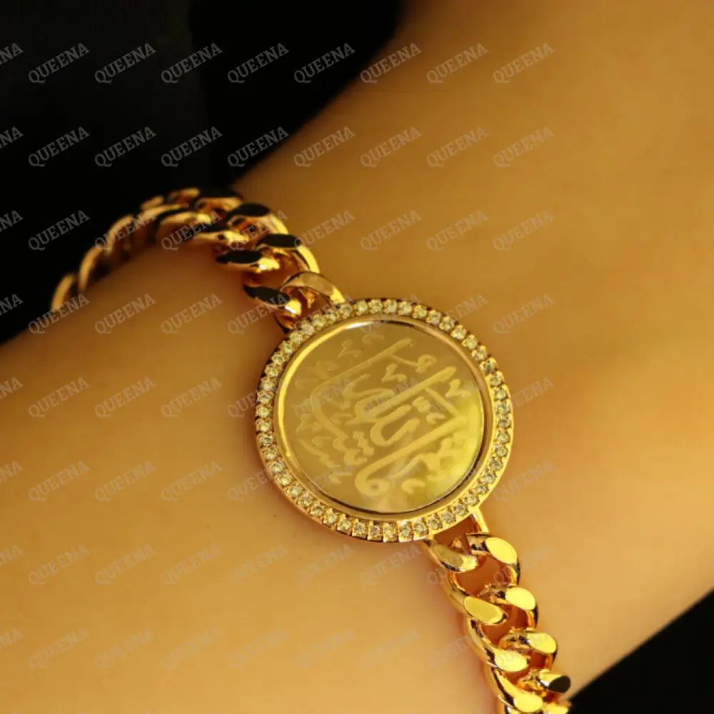 Bracelet (MASHALLAH) WHAT ALLAH HAS WILLED IT Word In Arabic Calligraphy - Circular Golden Chain Bracelet Studded with