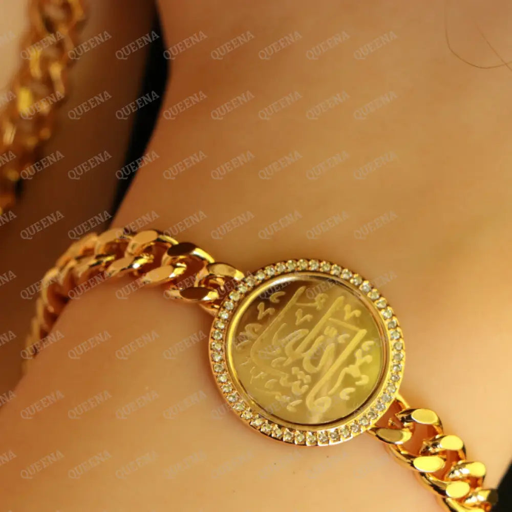Bracelet (MASHALLAH) WHAT ALLAH HAS WILLED IT Word In Arabic Calligraphy - Circular Golden Chain Bracelet Studded with