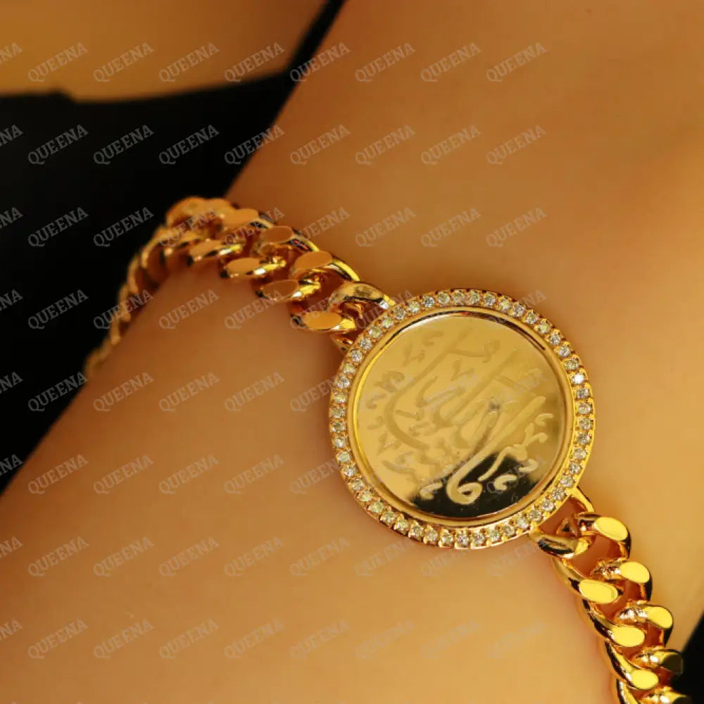 Bracelet (MASHALLAH) WHAT ALLAH HAS WILLED IT Word In Arabic Calligraphy - Circular Golden Chain Bracelet Studded with