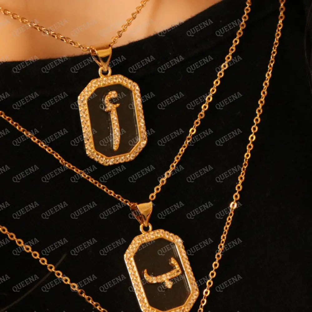 Calligraphed Arabic Initial Necklace Studded with Full Zircons Necklaces