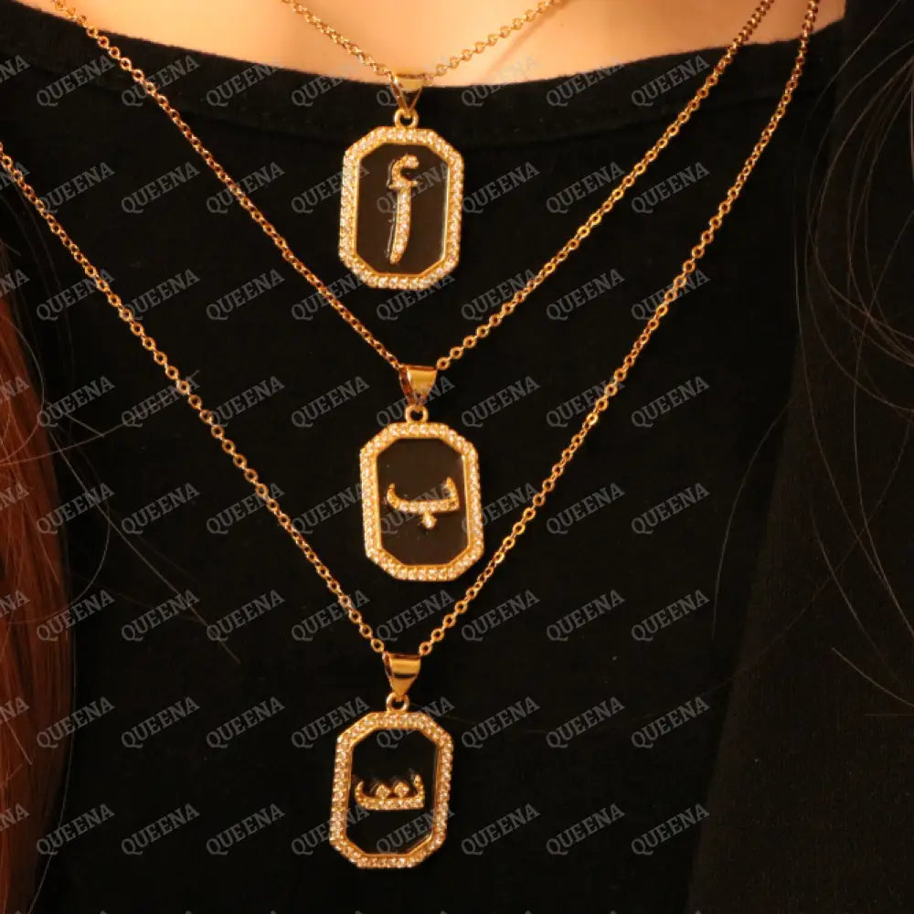 Calligraphed Arabic Initial Necklace Studded with Full Zircons Necklaces