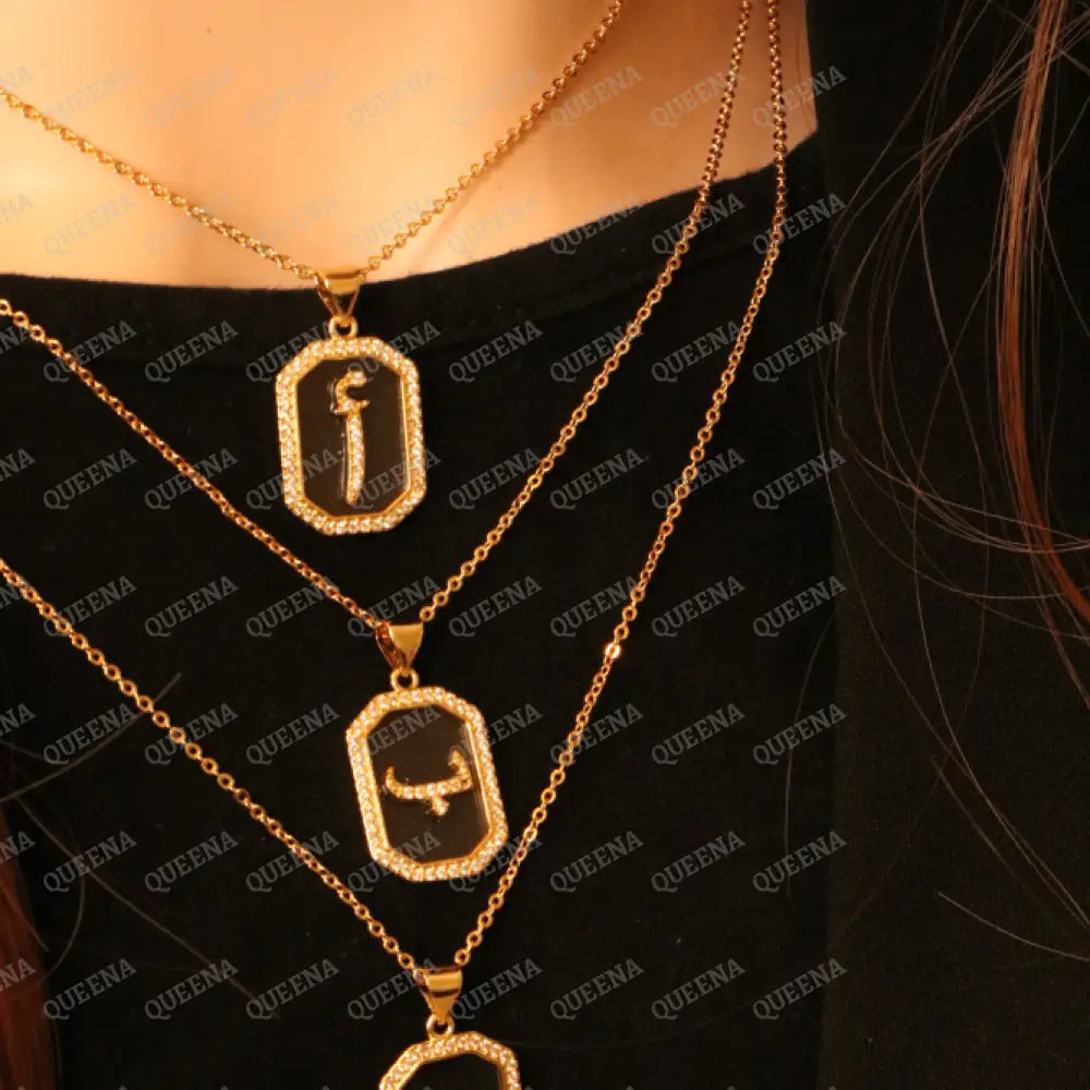 Calligraphed Arabic Initial Necklace Studded with Full Zircons Necklaces