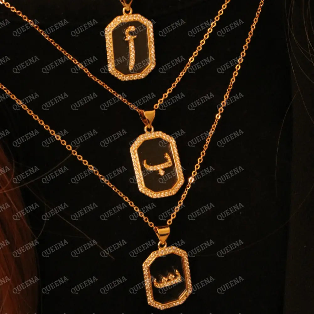 Calligraphed Arabic Initial Necklace Studded with Full Zircons Necklaces