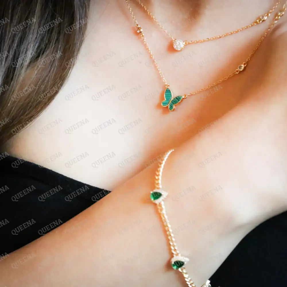 Chain Bracelet With Emerald Green Almonds Zircon Stones