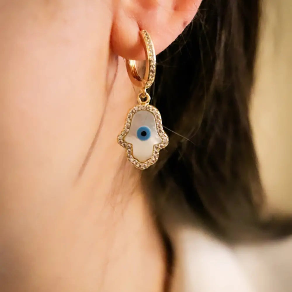Crystal Zircon Hamsa Hand With Evil Eye Pendant Dangle Hoops Earrings