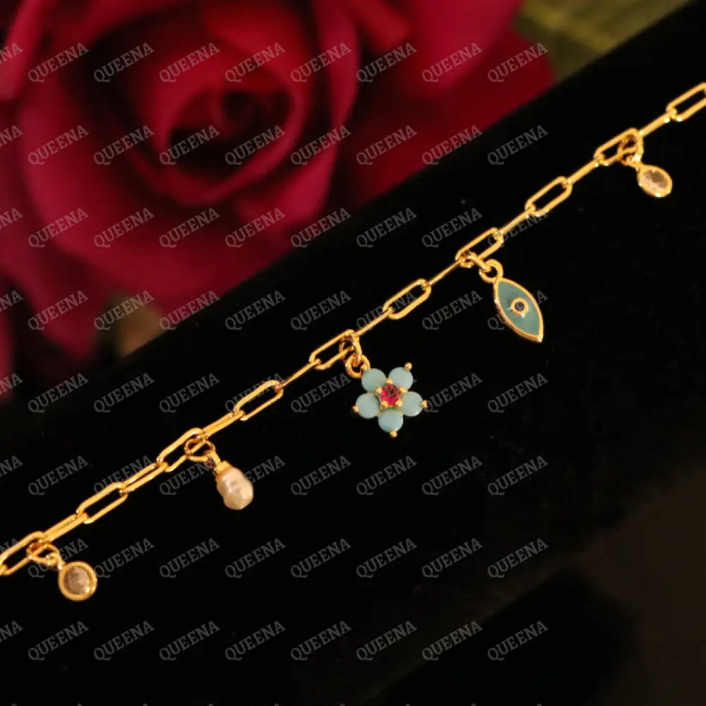 Cutie Blue Flower Charms Paperclip Bracelet - Bracelet