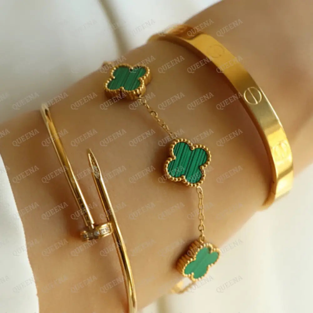 Dainty Vca Bracelet With 5 Multi Green Leaf Clover - High Quality Stainless Steel Statement Piece