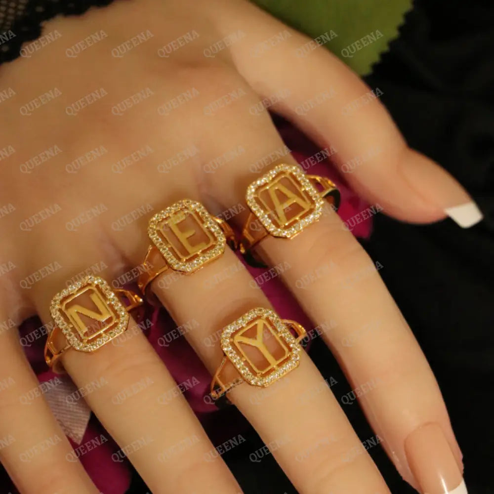 English Initial RING Studded with Full Zircons / Adjustable Ring (Free Size) Rings