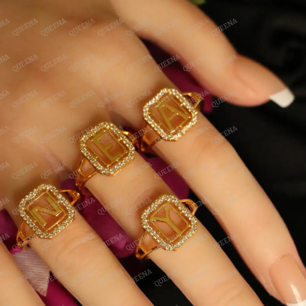 English Initial RING Studded with Full Zircons / Adjustable Ring (Free Size) Rings