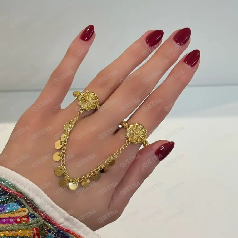 Golden Flower Double Finger Ring with Chain - Adjustable Free Size - Rings