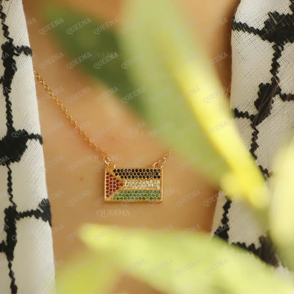 Golden Zircon Palestine Flag Necklace In The Colors Of Palestinian Necklaces