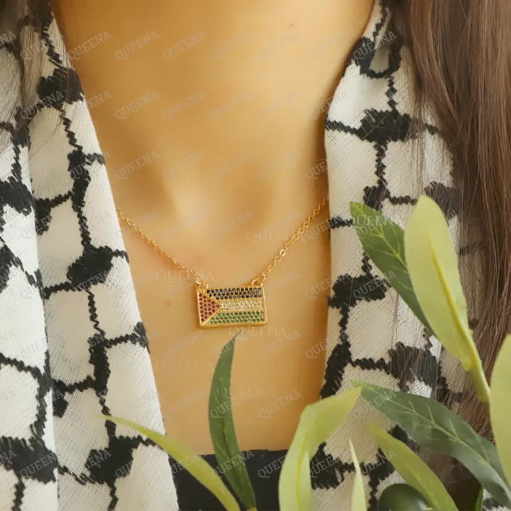 Golden Zircon Palestine Flag Necklace In The Colors Of Palestinian Necklaces