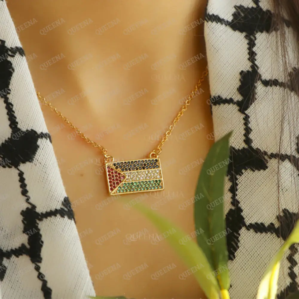 Golden Zircon Palestine Flag Necklace In The Colors Of Palestinian Necklaces
