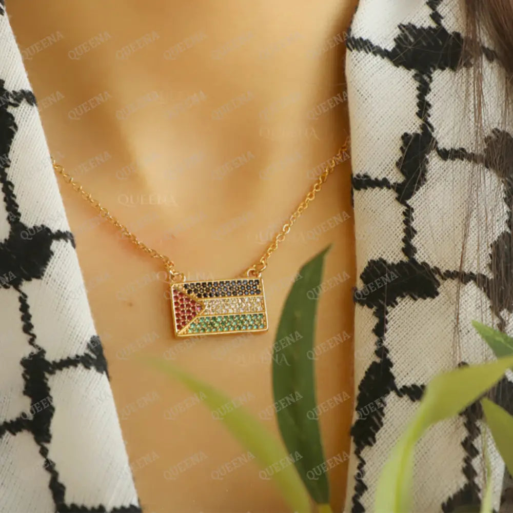 Golden Zircon Palestine Flag Necklace In The Colors Of Palestinian Necklaces