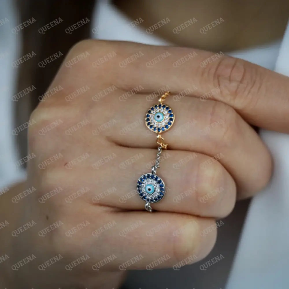 Lucky Turkish Evil Eye Charm Zircon Delicate Chain Ring Rings
