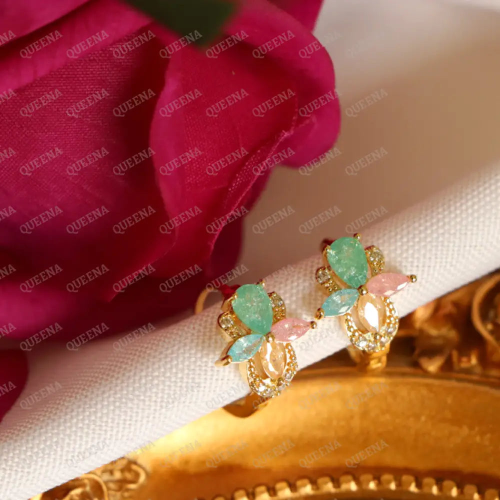 LUNA Flower In Turquoise & Pink Crystal Hoop Earrings Earrings