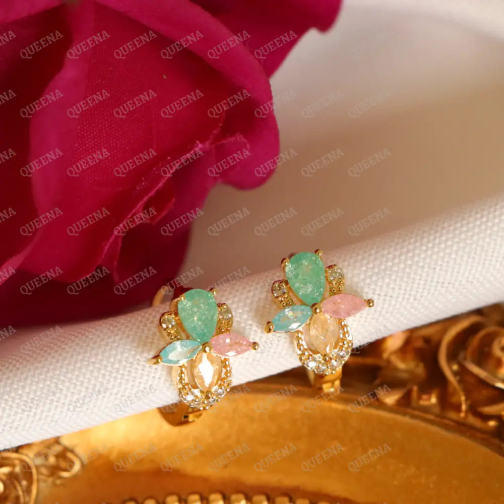 LUNA Flower In Turquoise & Pink Crystal Hoop Earrings Earrings