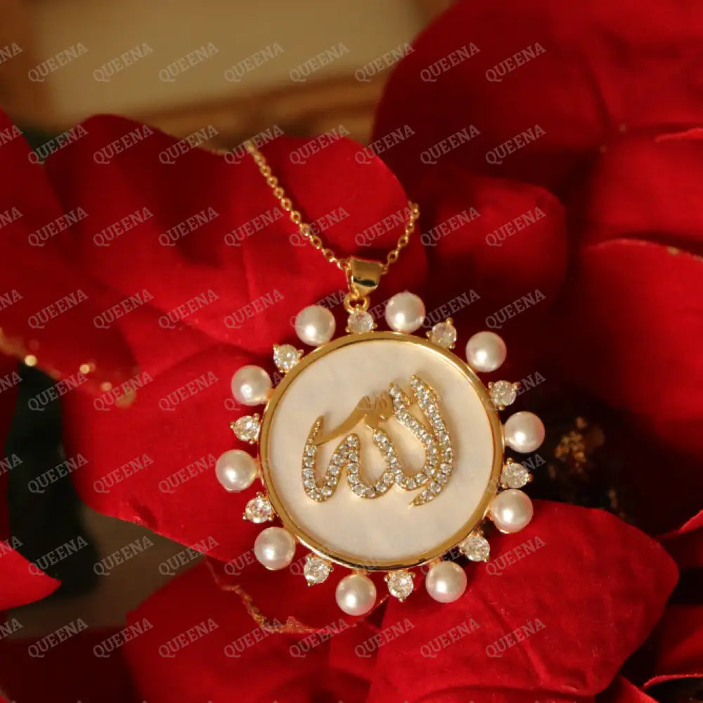 Luxury ’ALLAH’ Name Necklace studded with Mother of pearls on White Shell and Zircon Necklaces