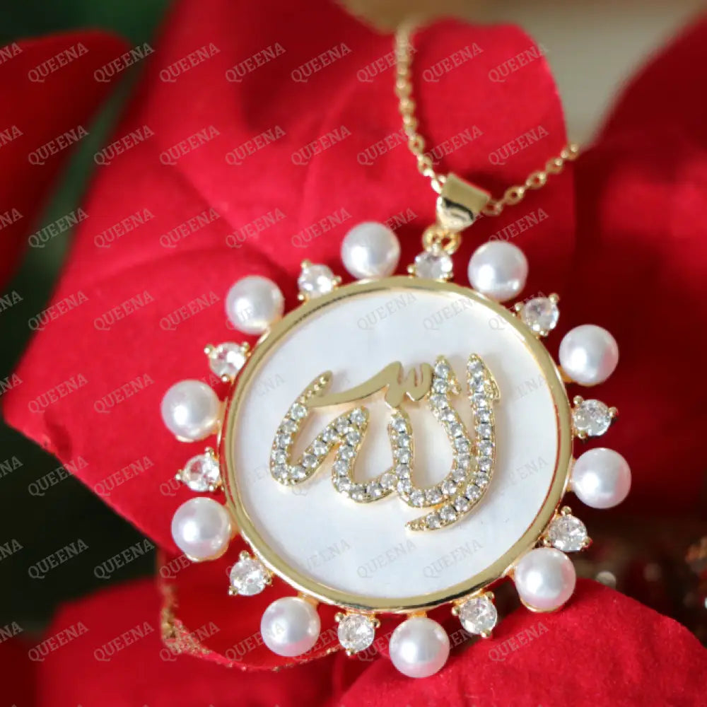 Luxury ’ALLAH’ Name Necklace studded with Mother of pearls on White Shell and Zircon Necklaces