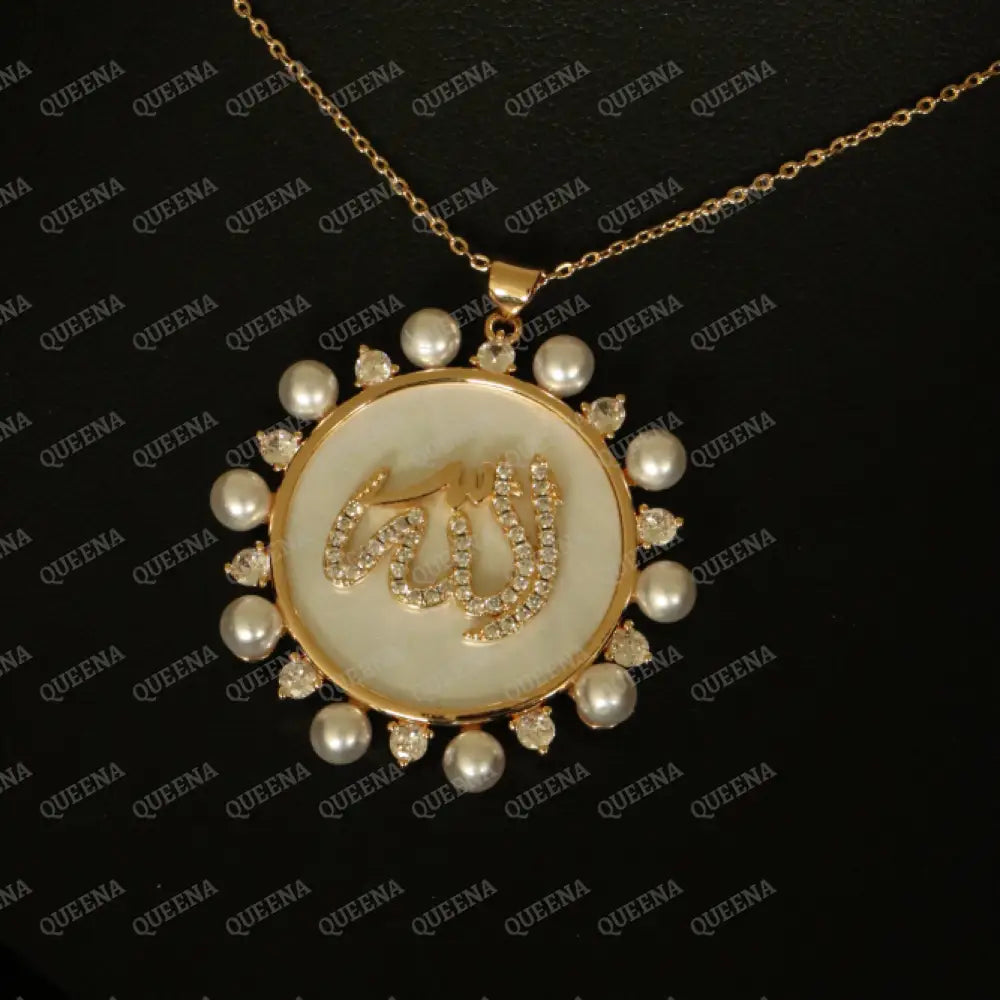 Luxury ’ALLAH’ Name Necklace studded with Mother of pearls on White Shell and Zircon Necklaces
