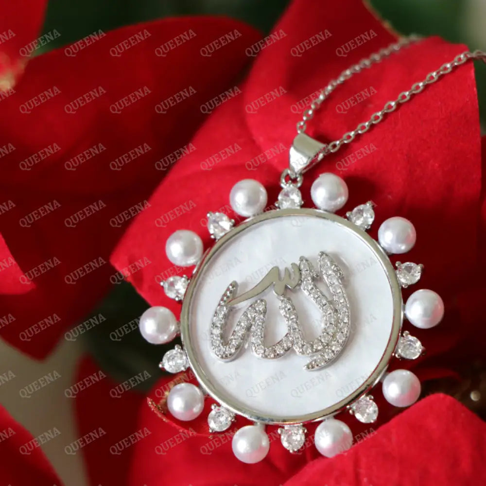 Luxury ’ALLAH’ Name Necklace studded with Mother of pearls on White Shell and Zircon Necklaces