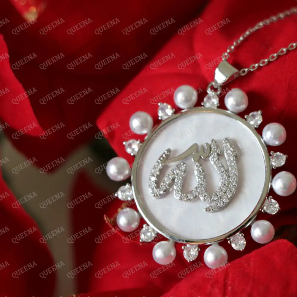 Luxury ’ALLAH’ Name Necklace studded with Mother of pearls on White Shell and Zircon Necklaces
