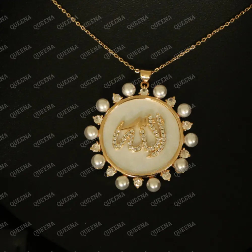 Luxury ’ALLAH’ Name Necklace studded with Mother of pearls on White Shell and Zircon Necklaces