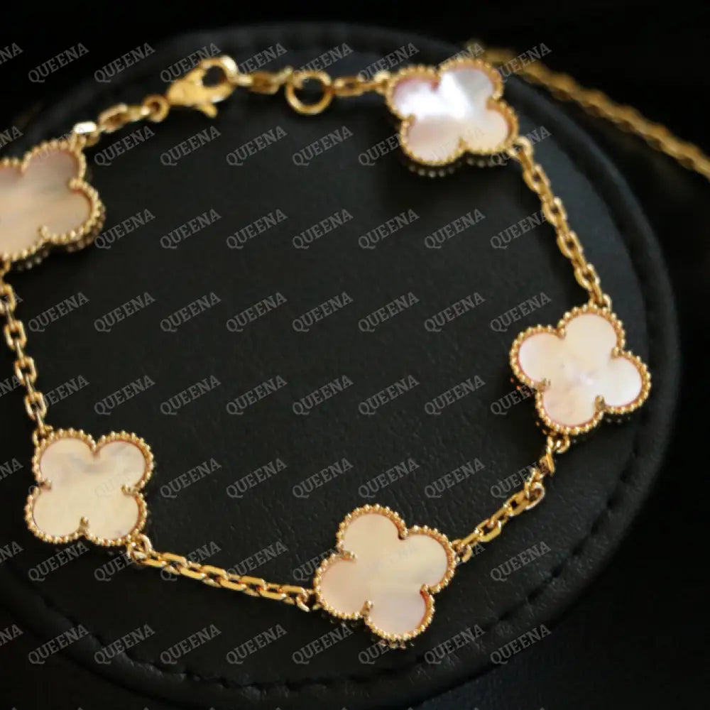 Luxury Clover Jewelry Set with 10 PEARL PINK Clover Flowers (Necklace + Bracelet) - High Quality 18k Gold Plated