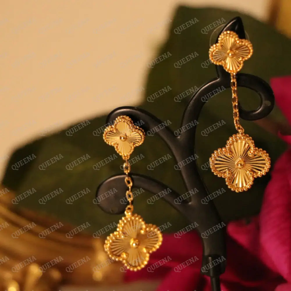 Luxury Gold Sparkle Two Clovers Stud Earrings Earrings