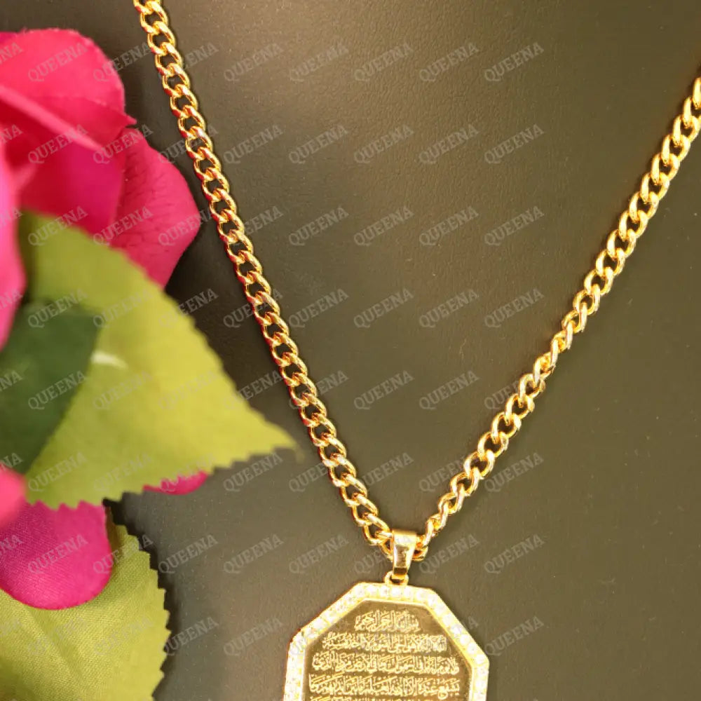 Luxury Golden Hexagonal Ayat Al kursi Long Chain Necklace Studded With Zircon Necklaces