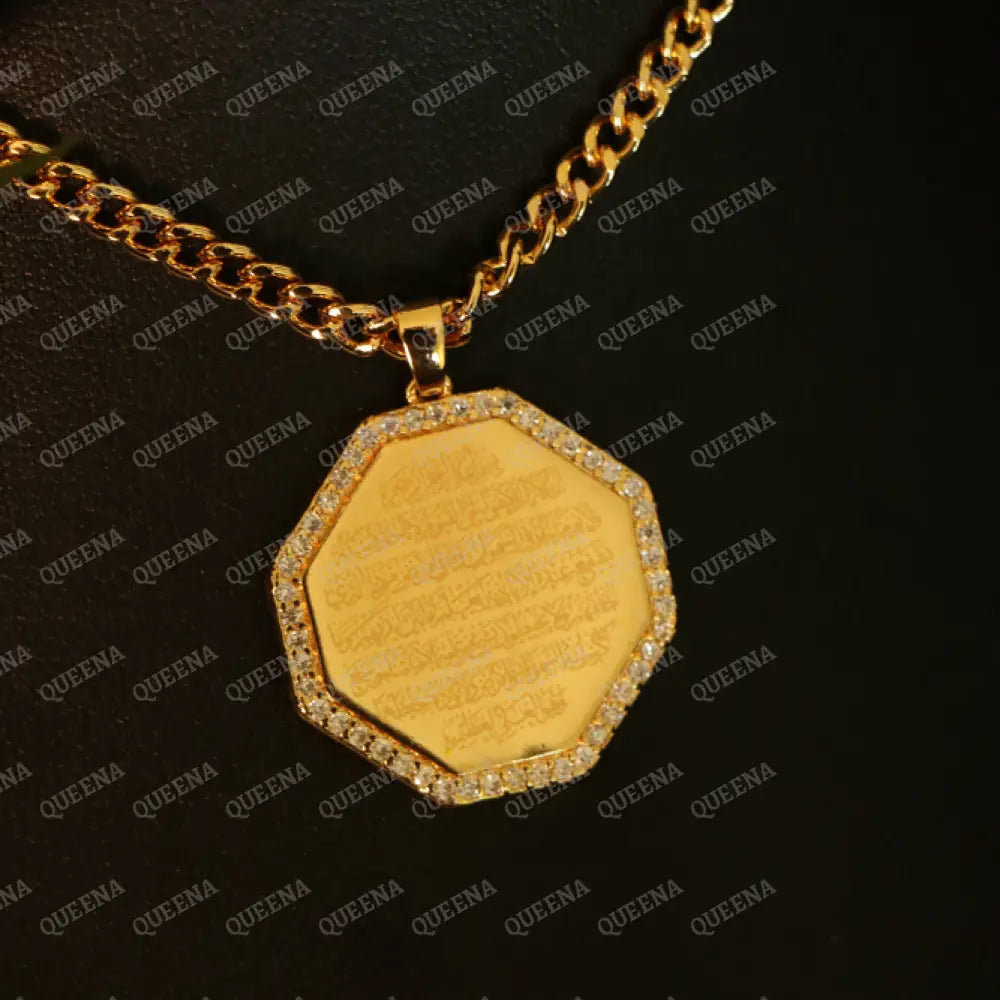 Luxury Golden Hexagonal Ayat Al kursi Long Chain Necklace Studded With Zircon Necklaces
