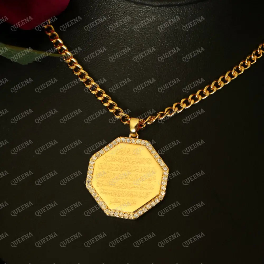 Luxury Golden Hexagonal Ayat Al kursi Long Chain Necklace Studded With Zircon Necklaces