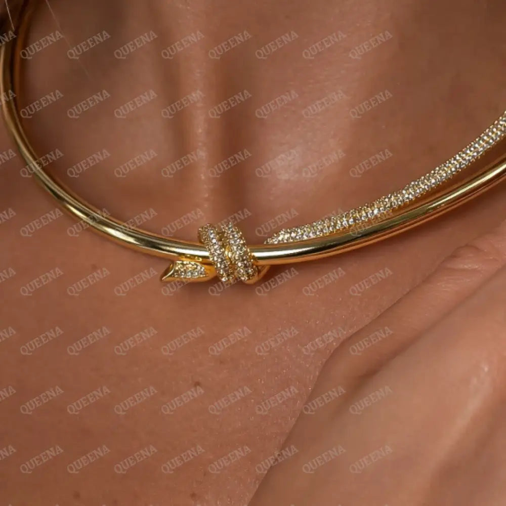 Luxury Golden Jewelry Princess Diana Full SET- Knot Double Row Hinged CHOKER AND BANGLE In Gold & Zircon - High Quality