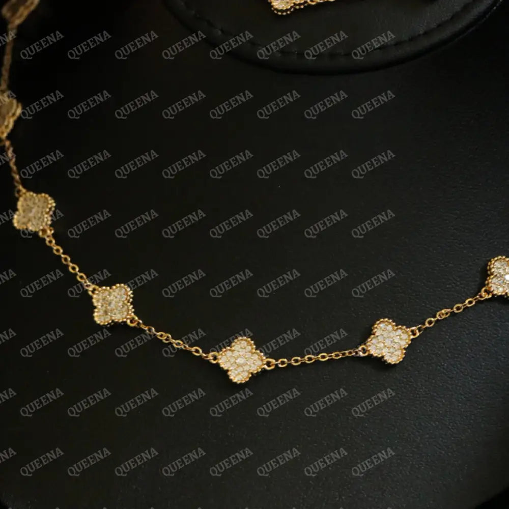 Luxury Golden ROSA Floral Jewelry Set with 10 Mini Clover Flowers Necklaces