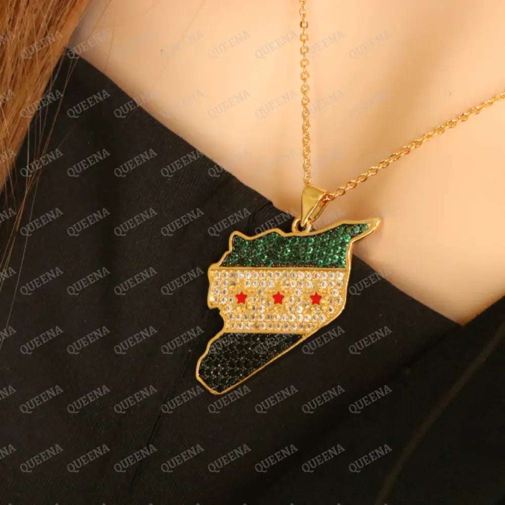 Luxury Golden Zircon SYRIA Country Map Necklace with Green SYRIAN Flag Colors - Pendant Necklace Necklaces