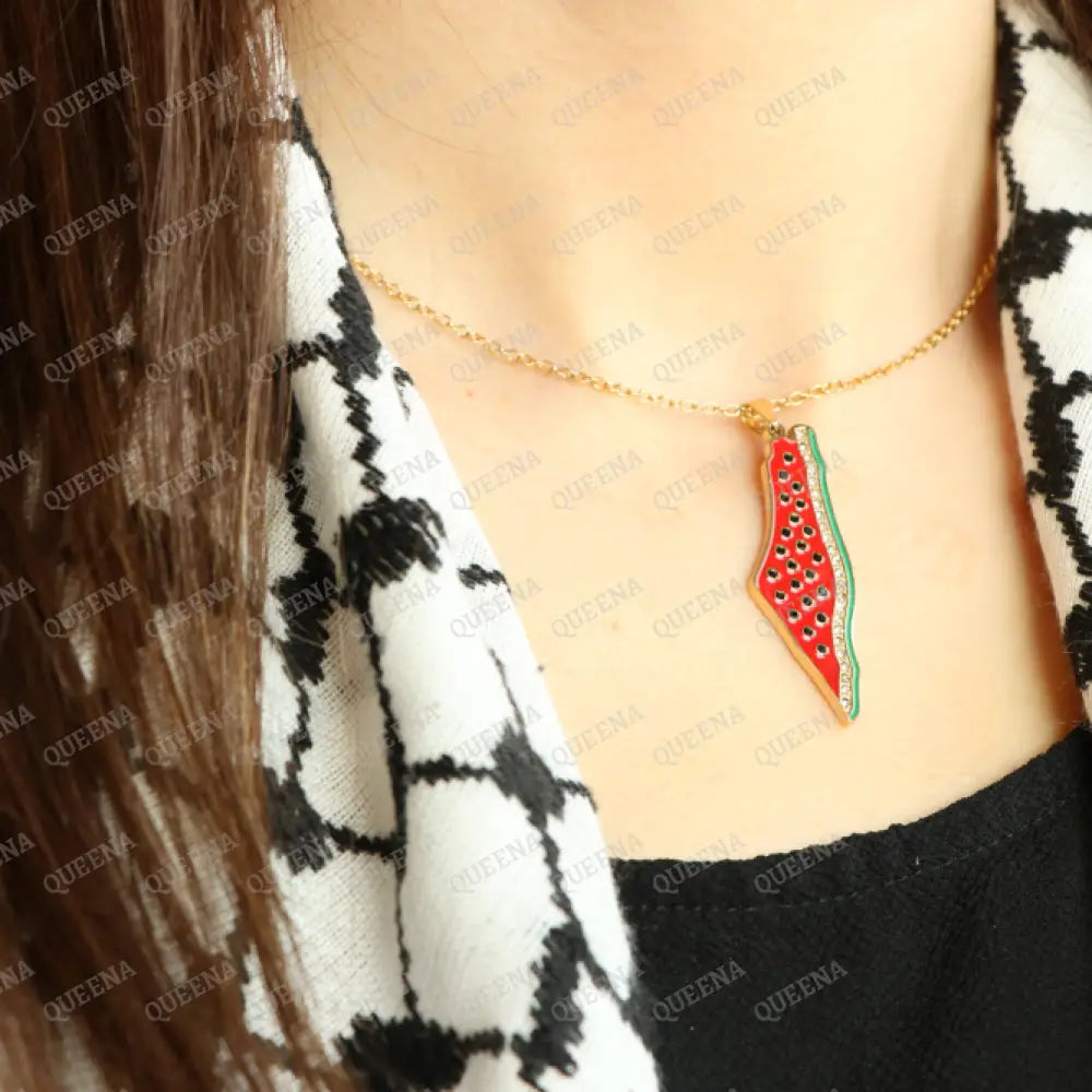 Luxury Golden Zircon Watermelon Palestine Country Map - Pendant Necklace Necklaces