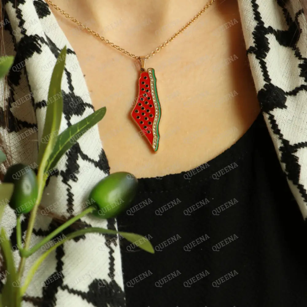 Luxury Golden Zircon Watermelon Palestine Country Map - Pendant Necklace Necklaces