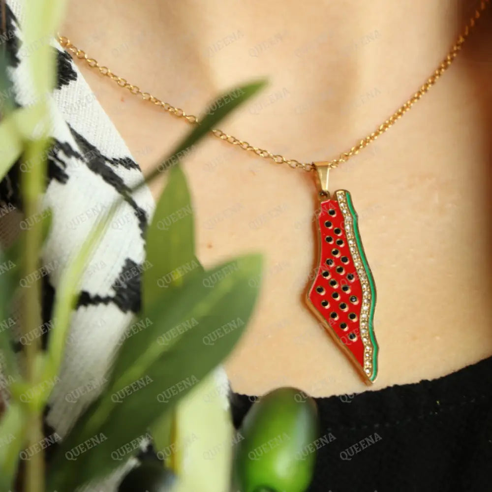 Luxury Golden Zircon Watermelon Palestine Country Map - Pendant Necklace Necklaces