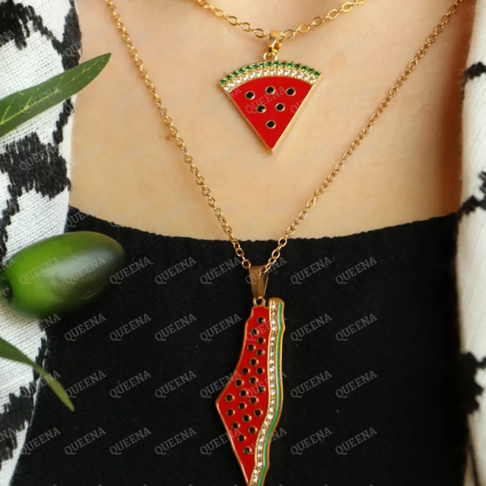 Luxury Golden Zircon Watermelon Palestine Country Map - Pendant Necklace Necklaces
