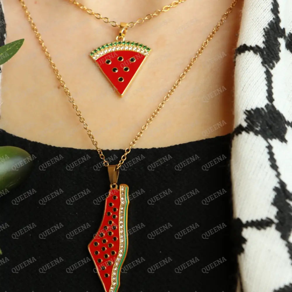 Luxury Golden Zircon Watermelon Palestine Country Map - Pendant Necklace Necklaces