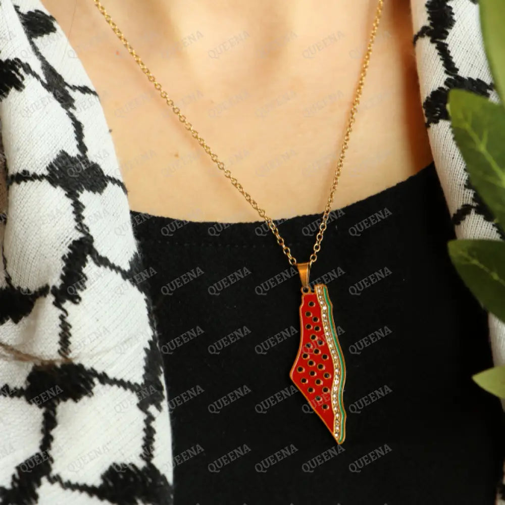 Luxury Golden Zircon Watermelon Palestine Country Map - Pendant Necklace Necklaces