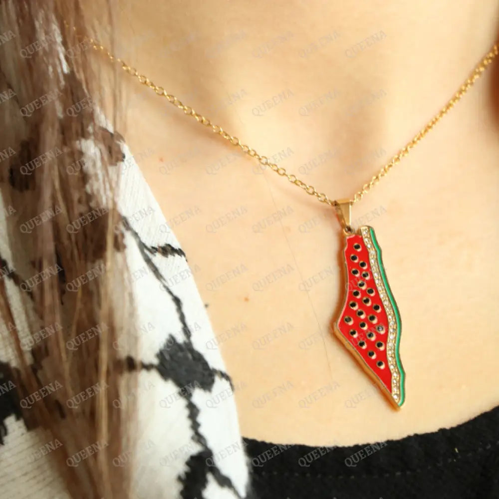 Luxury Golden Zircon Watermelon Palestine Country Map - Pendant Necklace Necklaces