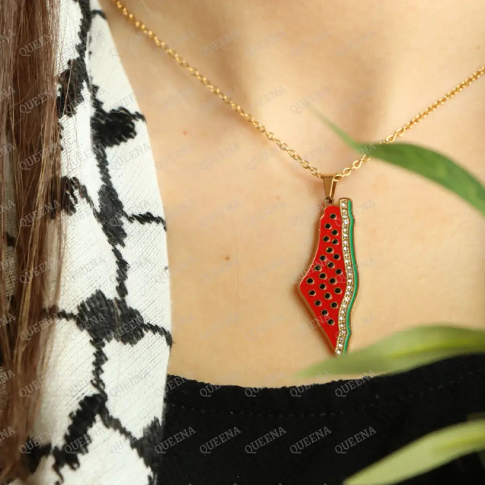 Luxury Golden Zircon Watermelon Palestine Country Map - Pendant Necklace Necklaces